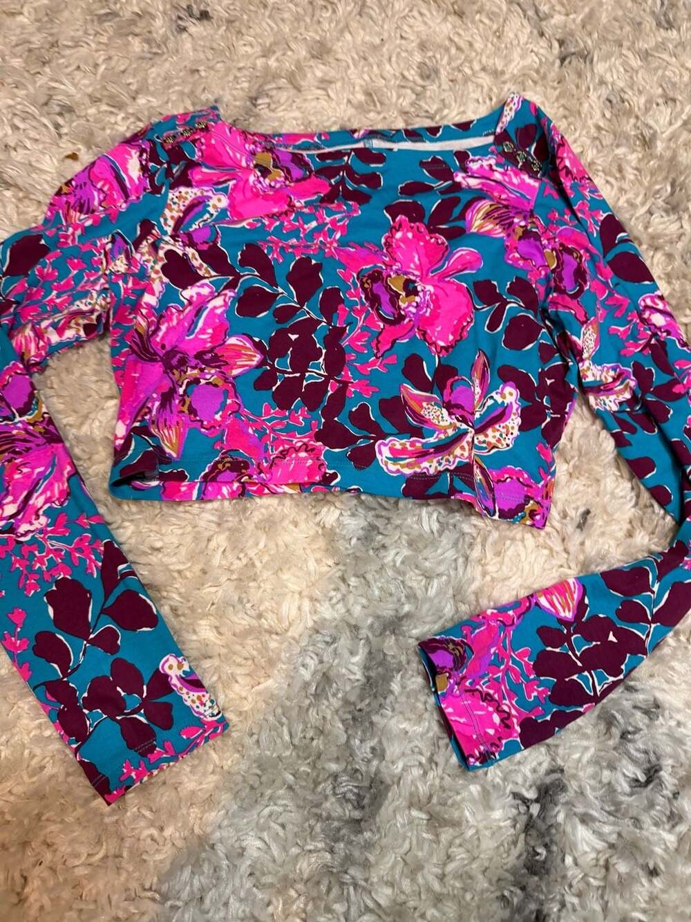 Lilly Pulitzer Nessi Long Sleeve Crop Top Blue Rhapsody Orchid You Not Size S